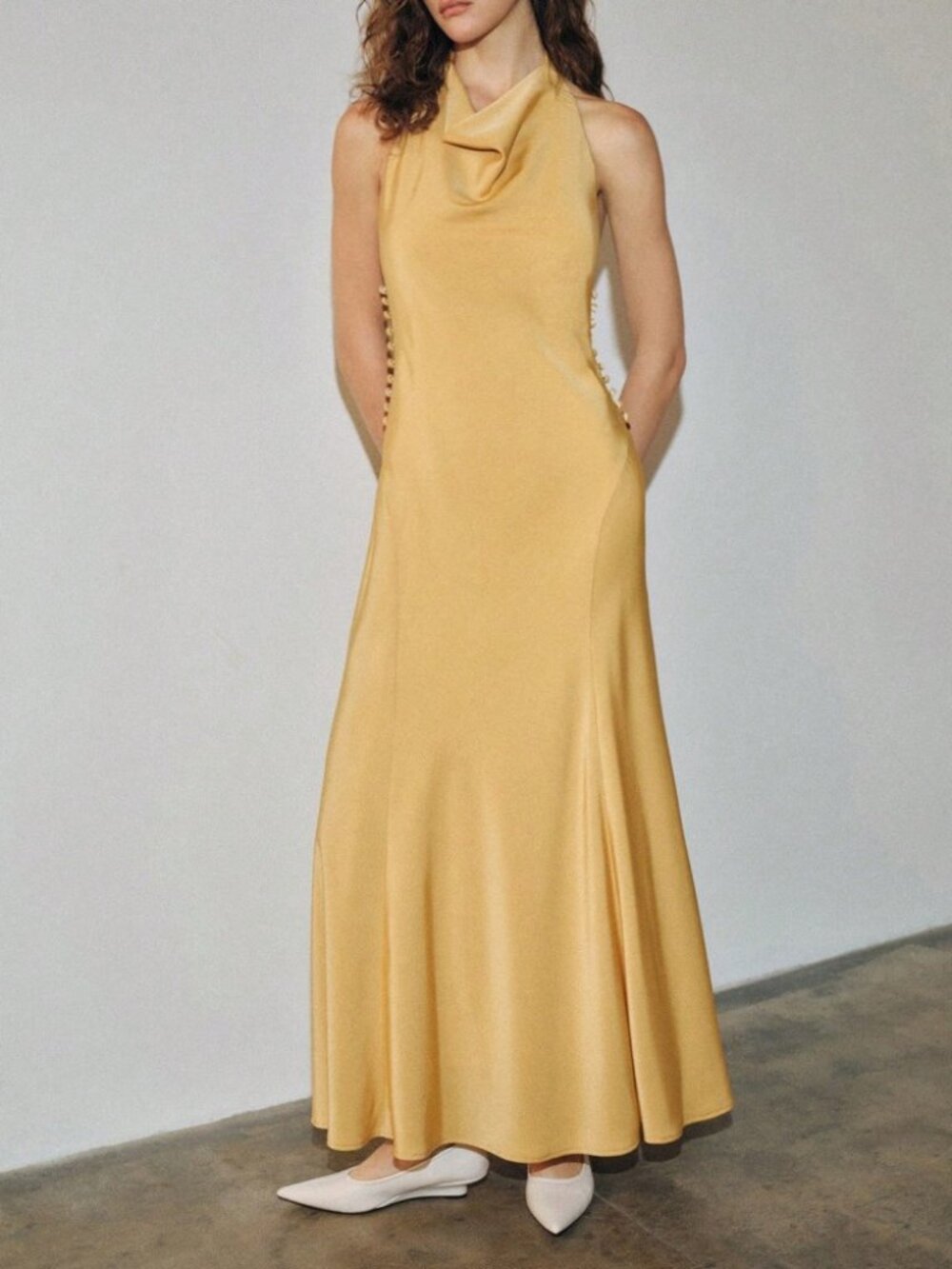 Golden Yellow Satin Halter Maxi Dress with Cowl Neck